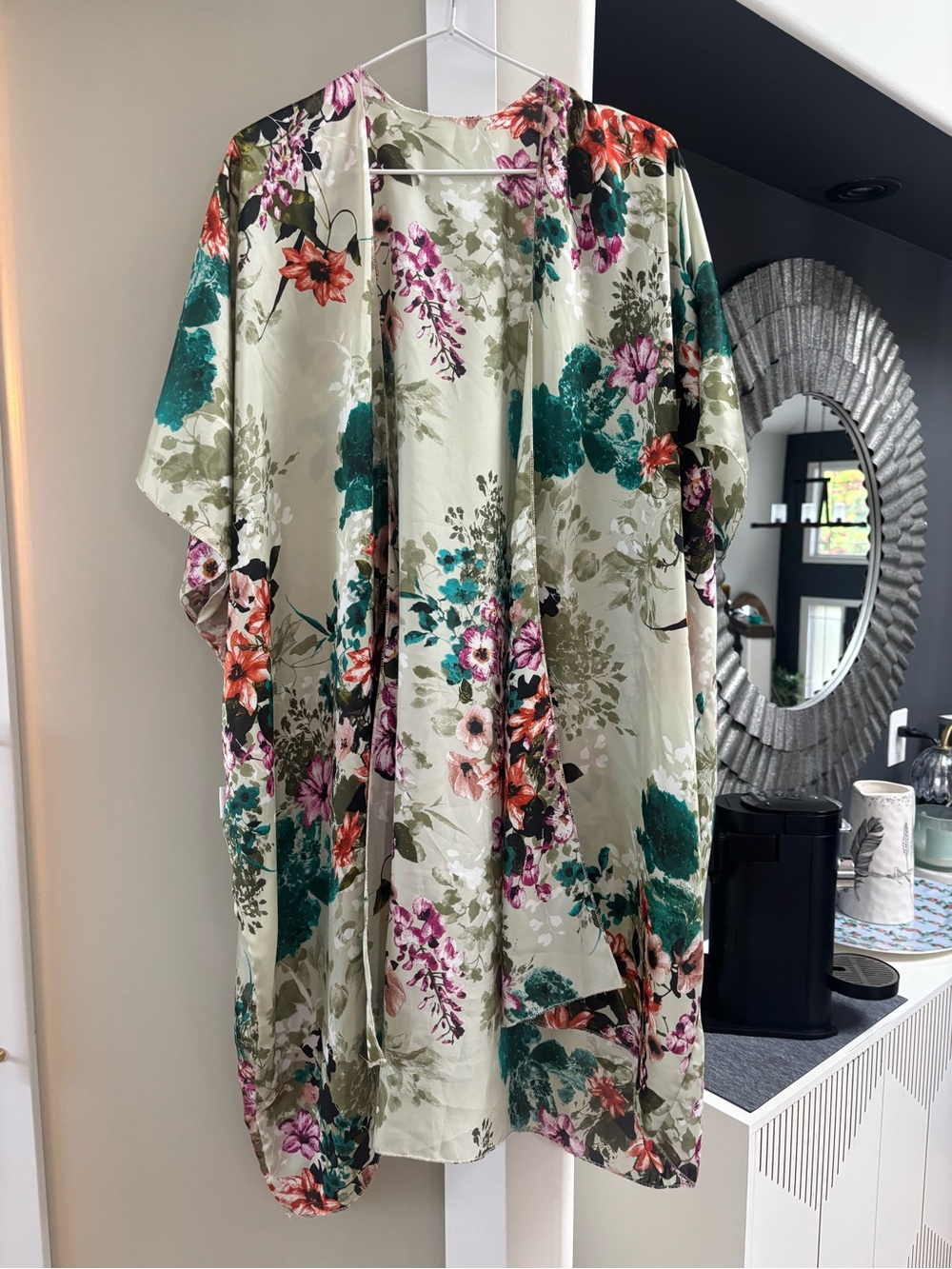 Floral Satin Kimono Cover-Up in Green and Teal - Picture 1 of 5